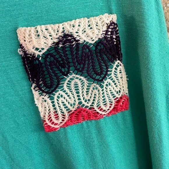 Cute‎ teal blue shirt dress with striped crochet bell sleeve - Picture 5 of 6